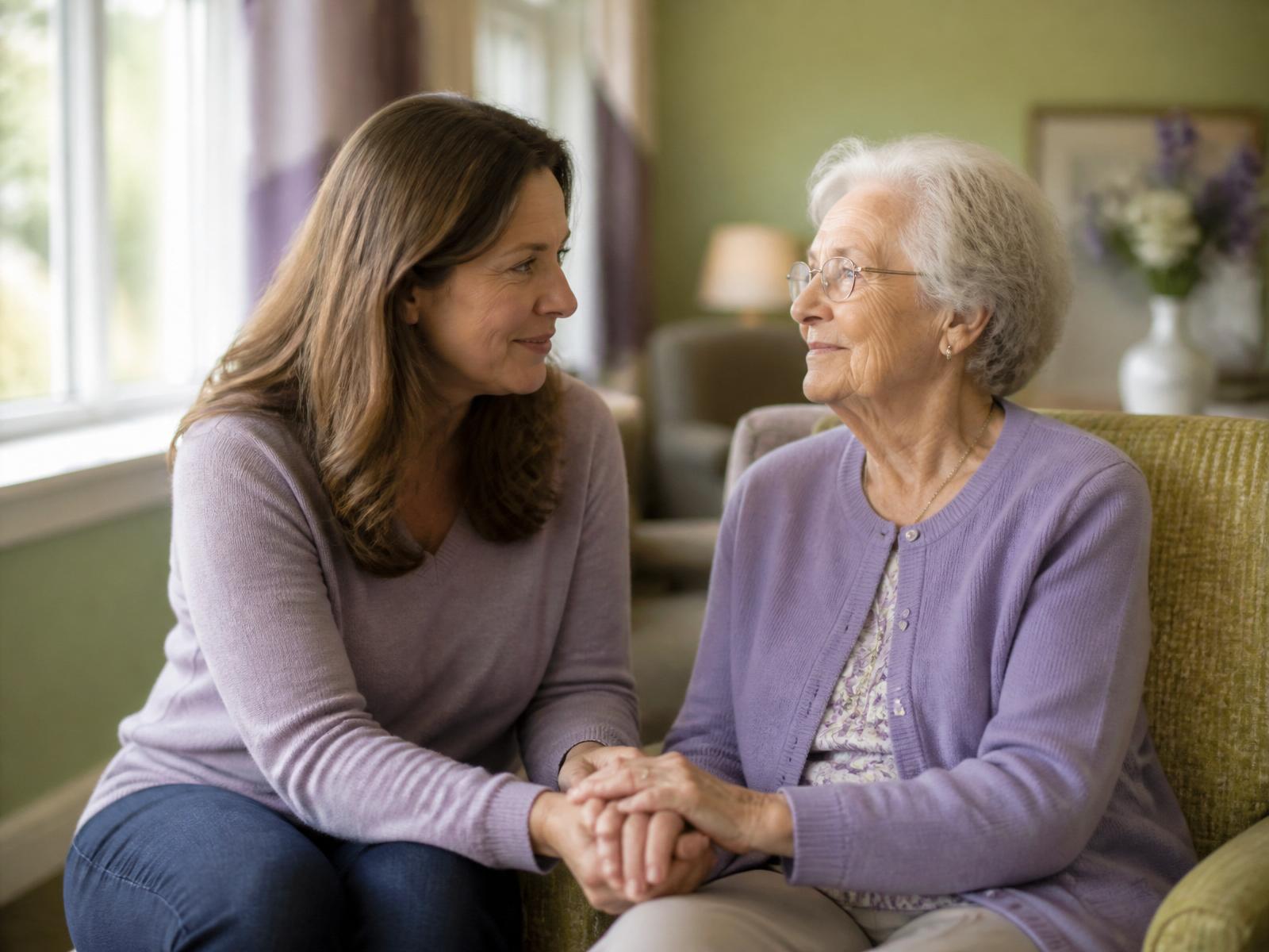 An adult daughter sitting with her mother in a care facility